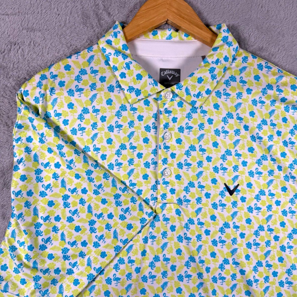Callaway Opti-Dri Mens XL White Blue Flamingo Stretch Golf Polo SS CAH55672